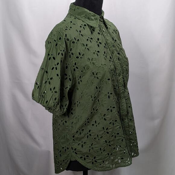 J.Crew Mozy Green Eyelet Top Sz 4 Puff Sleeve Boho Earthy Lagenlook Blouse - Picture 7 of 14
